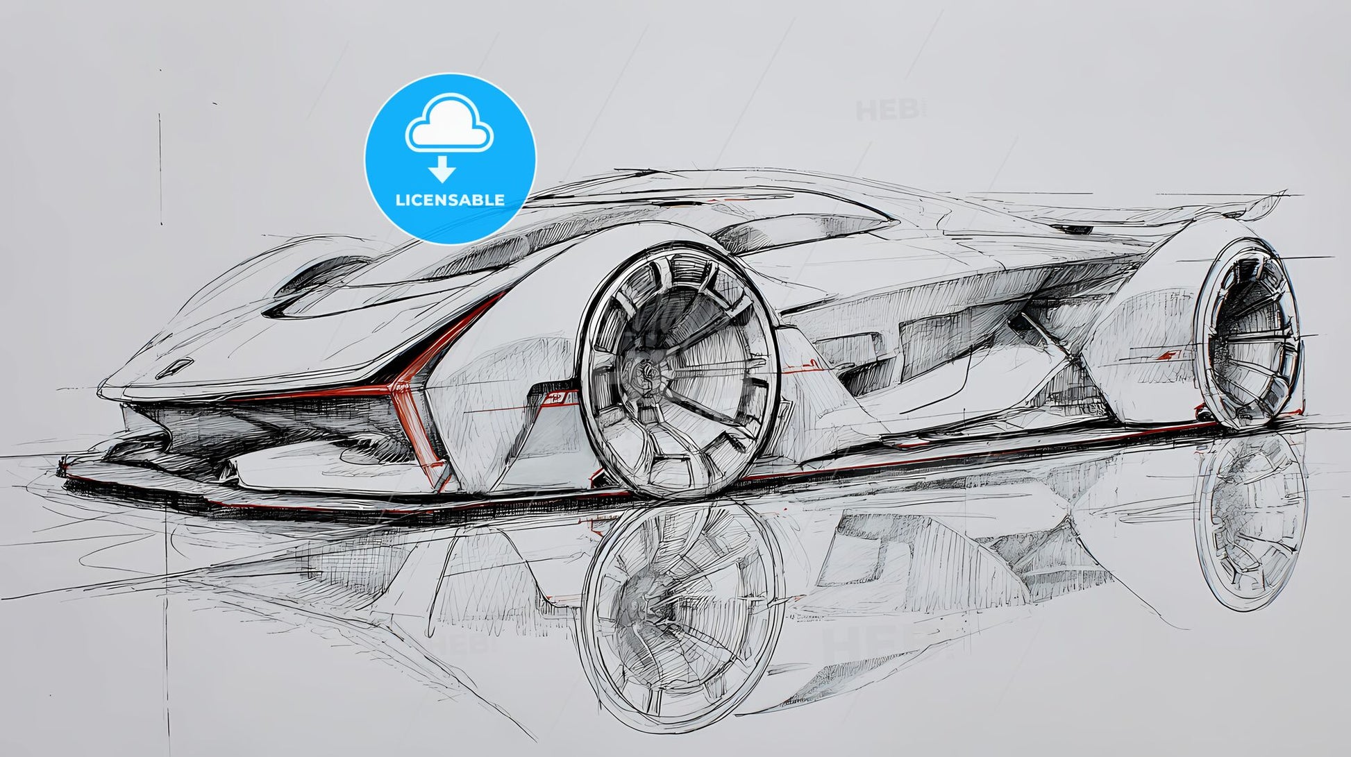 Futuristic Automotive Elegance: Grayscale Concept Car Sketch with Red Accents