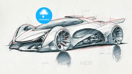 Futuristic Automotive Elegance: Grayscale Pencil Sketch with Striking Red Accents