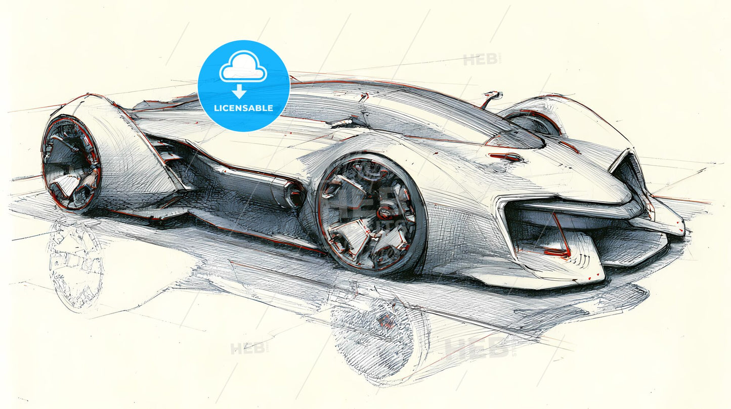 Futuristic Dream Machine: Grayscale Concept Car with Bold Red Accents