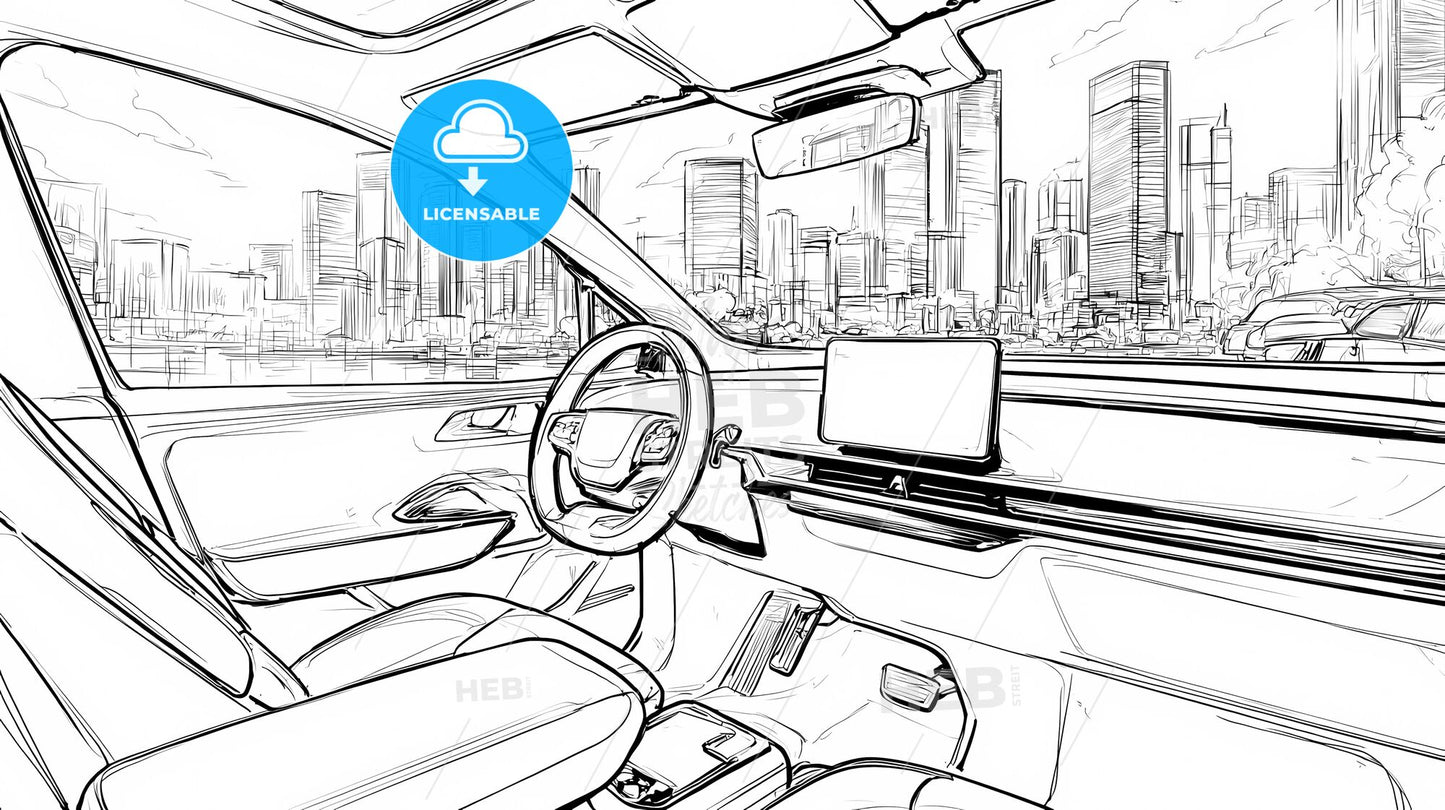 Futuristic Electric SUV Interior: Minimalist Design with Urban Skyline View