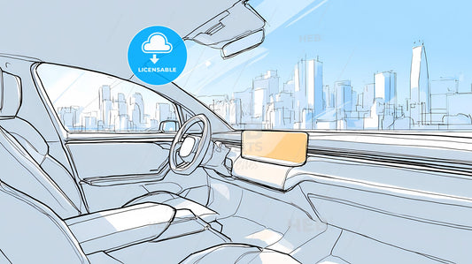 Futuristic Minimalist Electric SUV Interior Sketch with Skyline View