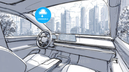 Futuristic Minimalist Electric SUV Interior with Urban Skyline View