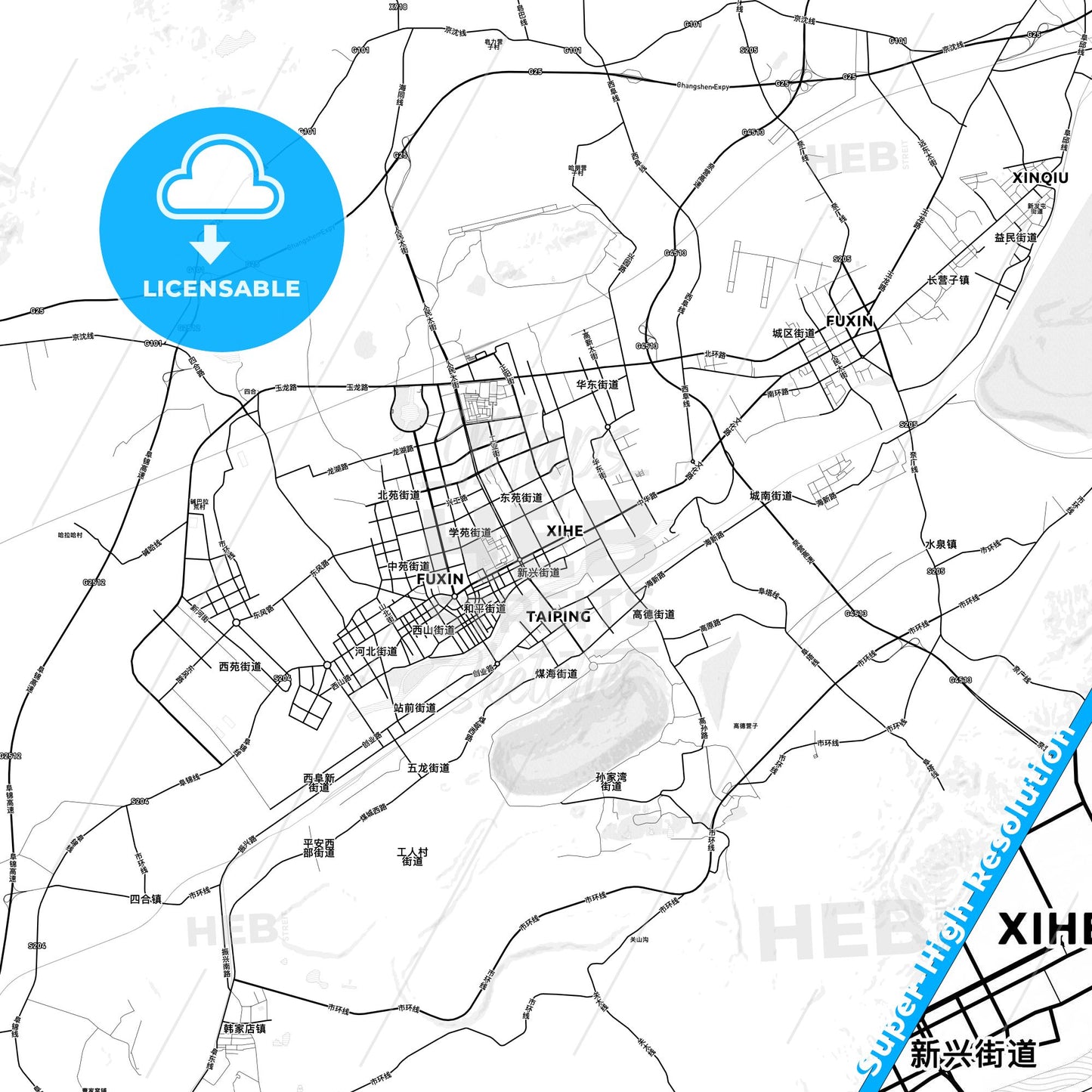 Fuxin, China light map with streetnames, citynames and districts