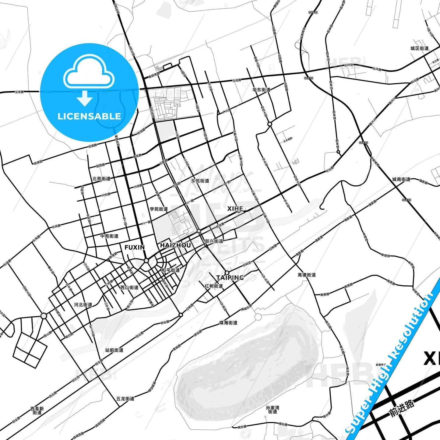 Fuxin, China Light Map with Street Names, City Names, and Districts