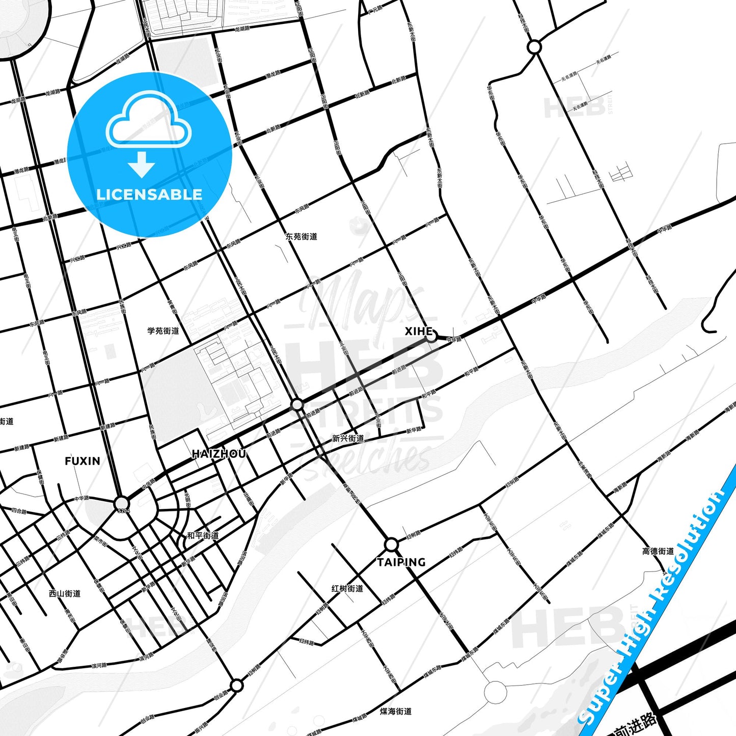 Fuxin, China Light Map with Street Names, City Names, and Districts