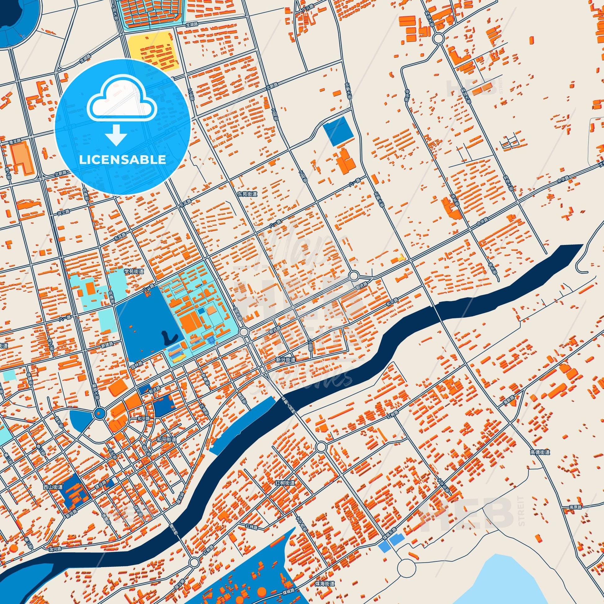 Colorful Fuxin Street Map with Labels and Buildings