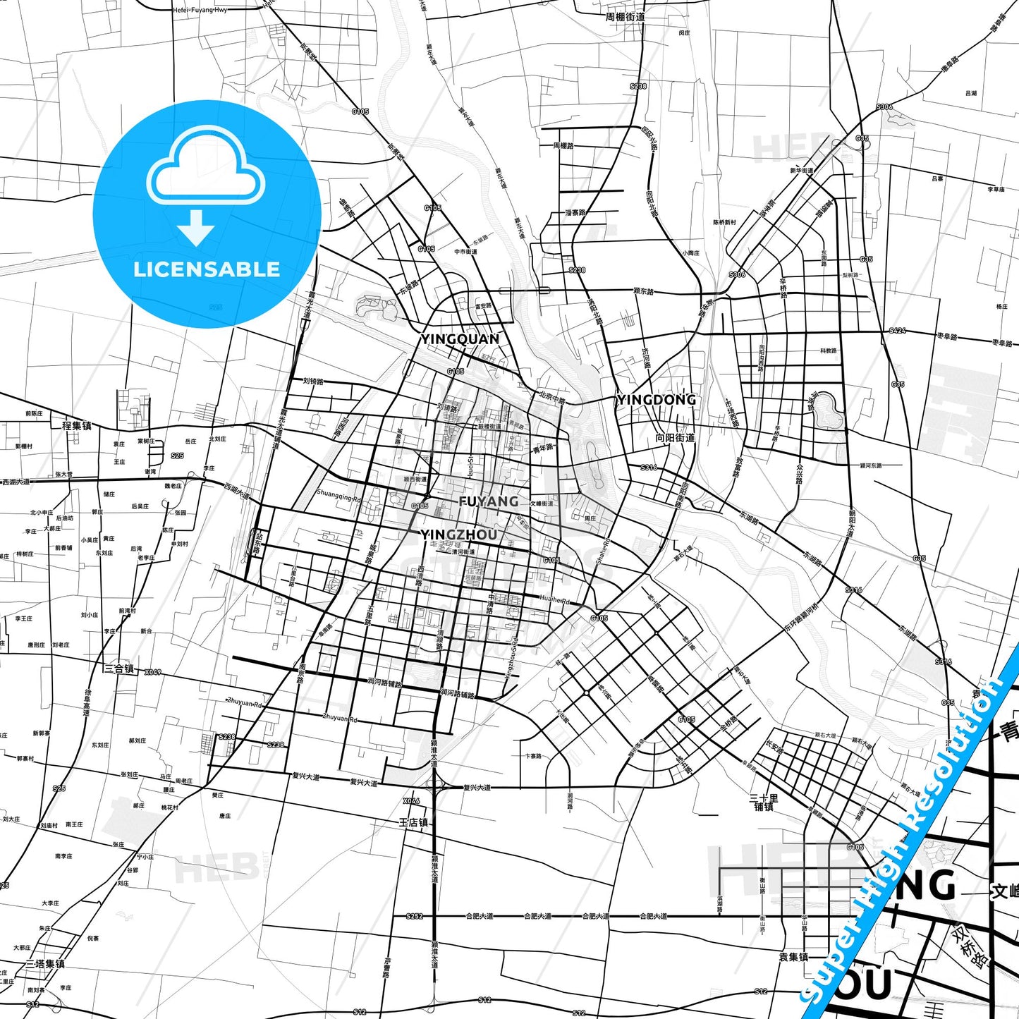 Fuyang, China light map with streetnames, citynames and districts
