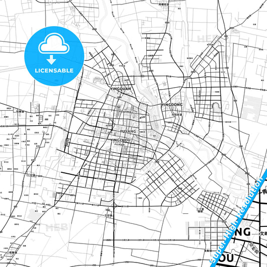 Fuyang, China light map with streetnames, citynames and districts