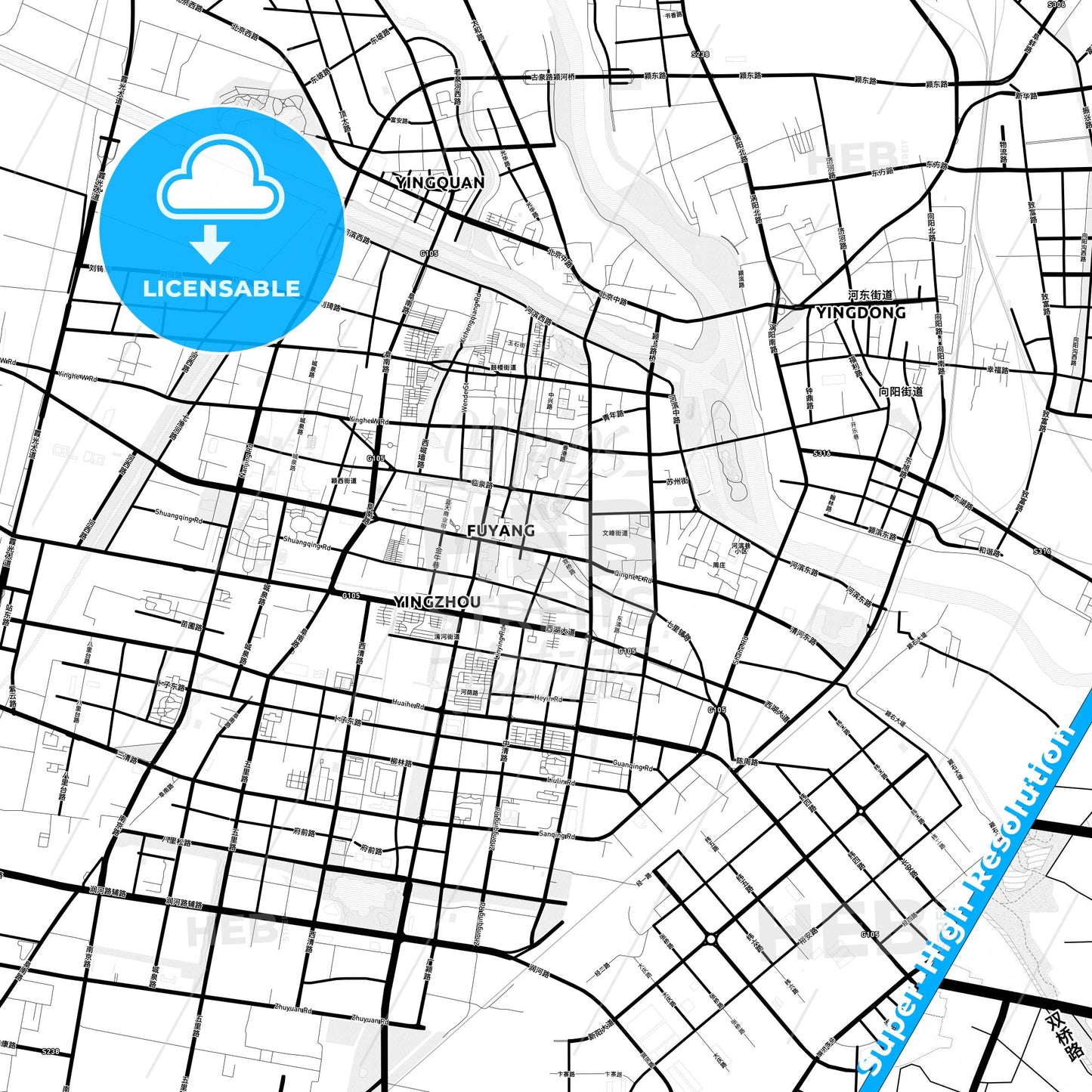 Fuyang, China Light Map with Street Names, City Names, and Districts