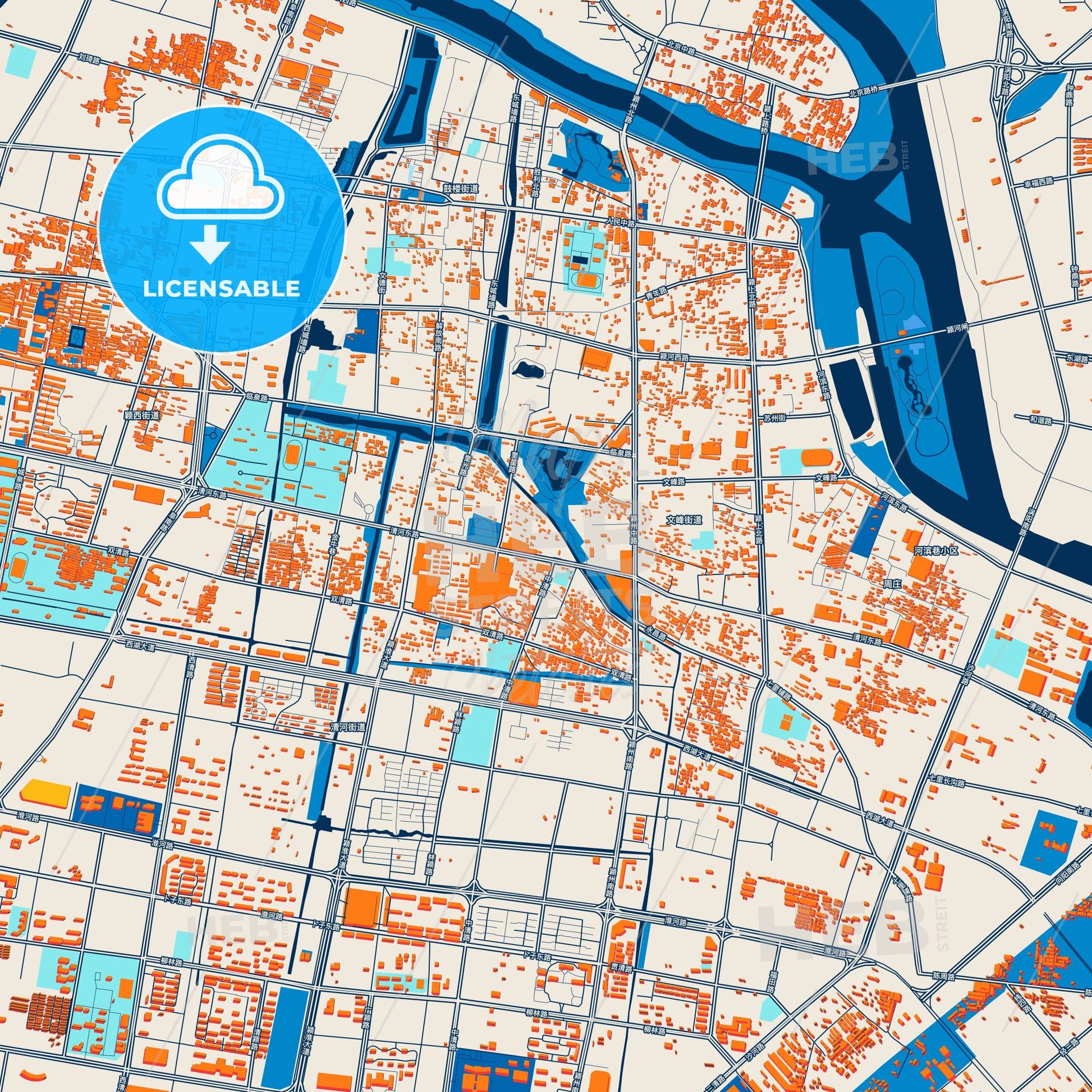 Colorful Fuyang Street Map with Labels and Buildings