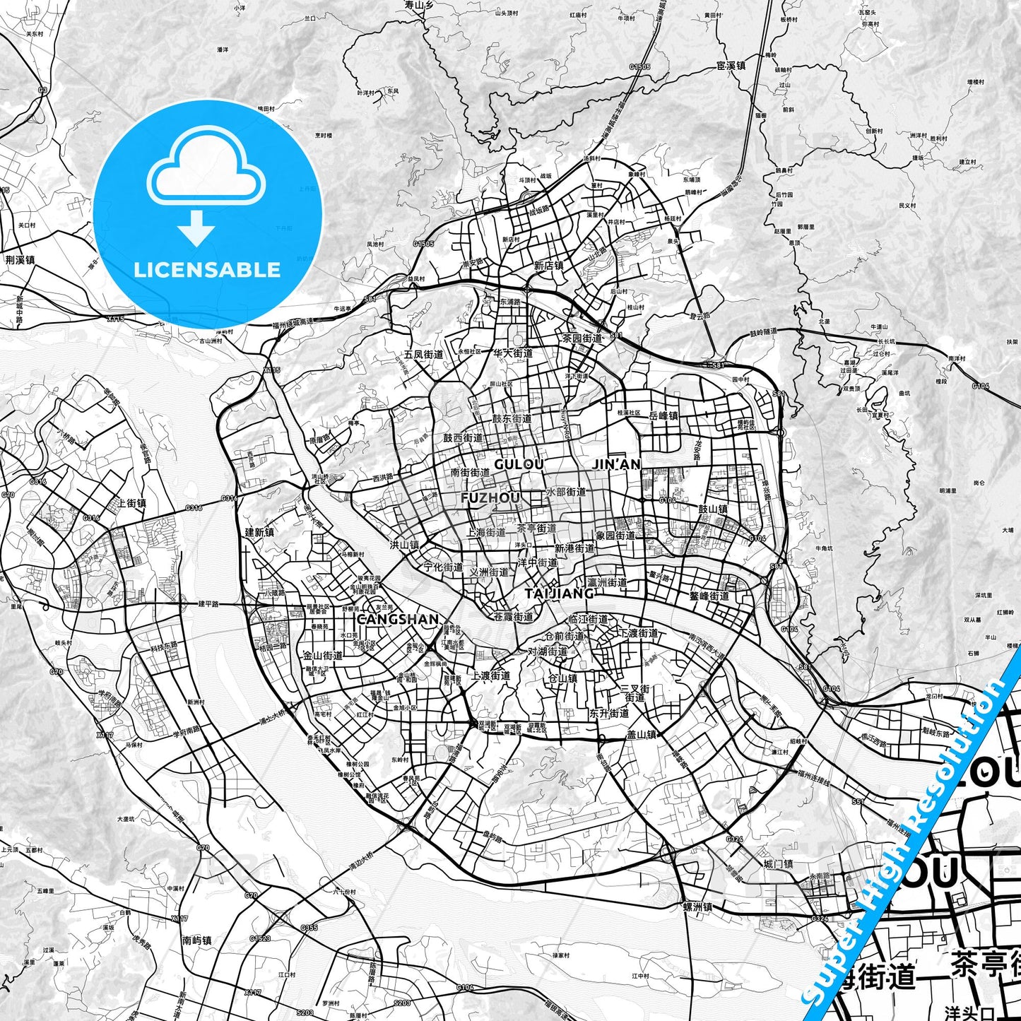 Fuzhou, China light map with streetnames, citynames and districts