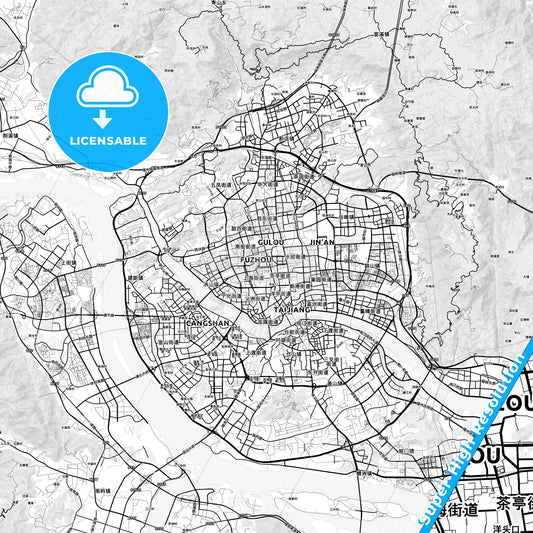 Fuzhou, China light map with streetnames, citynames and districts