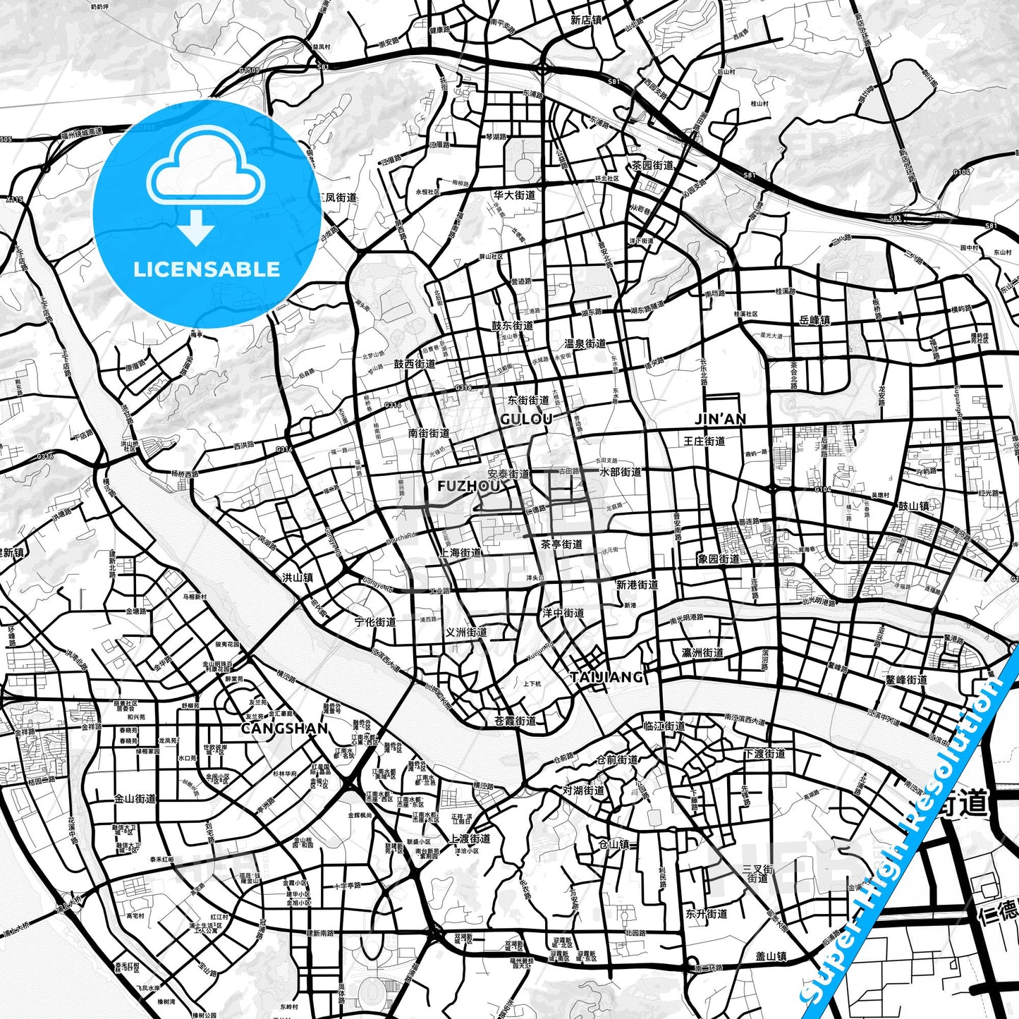 Fuzhou, China Light Map with Street Names, City Names, and Districts