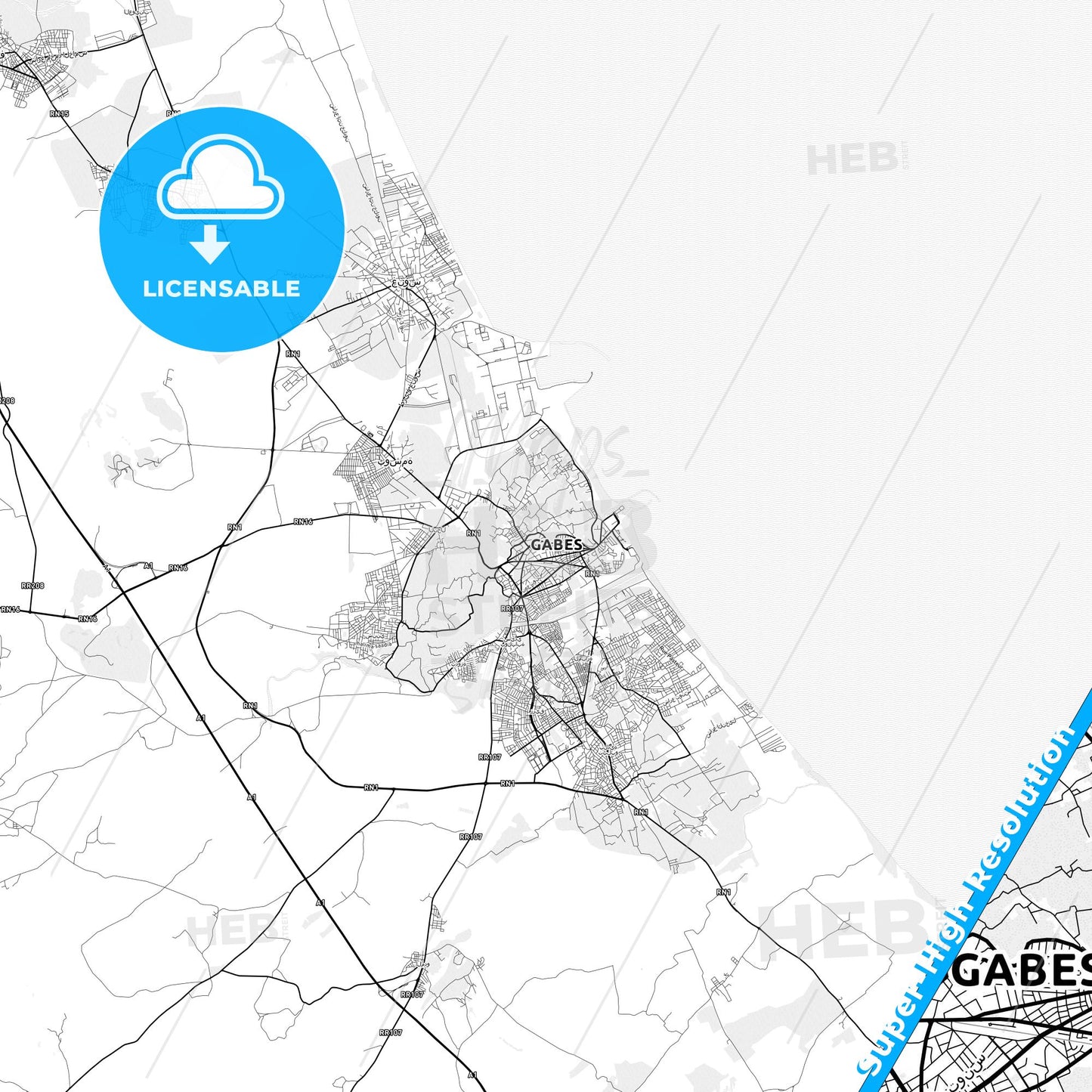 Gabes, Tunisia light map with streetnames, citynames and districts