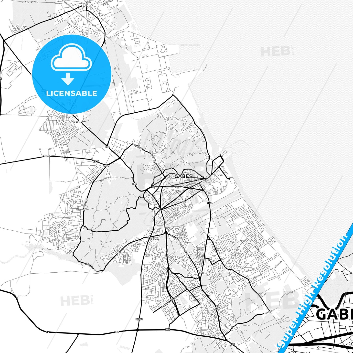 Gabes, Tunisia Light Map with Street Names, City Names, and Districts