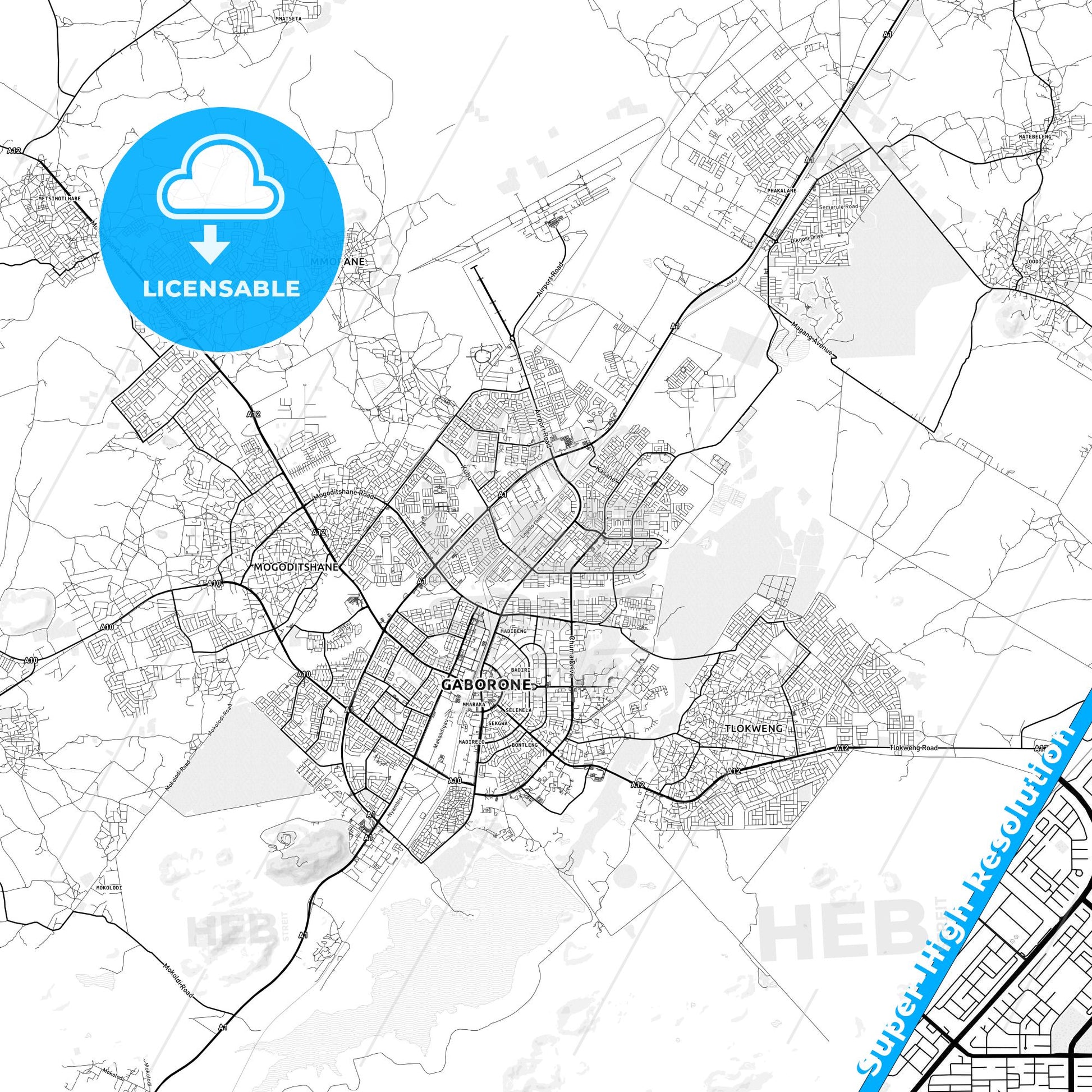 Gaborone, Botswana light map with streetnames, citynames and districts