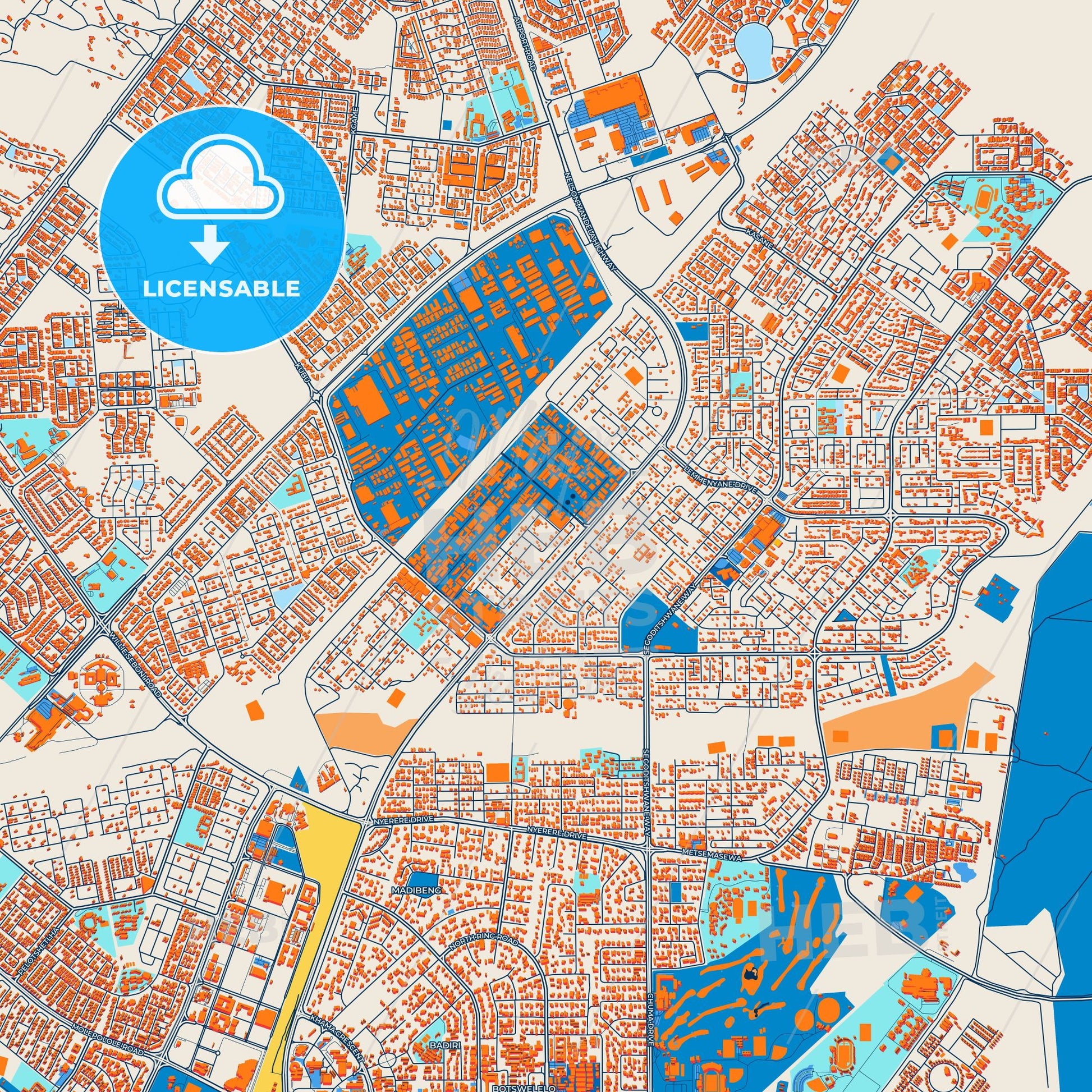 Colorful Gaborone Street Map with Labels and Buildings