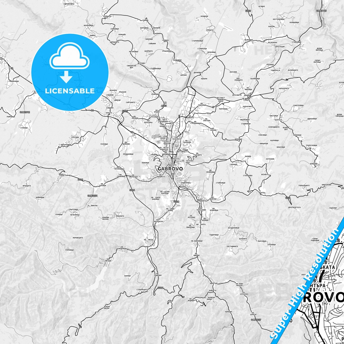 Gabrovo, Bulgaria light map with streetnames, citynames and districts