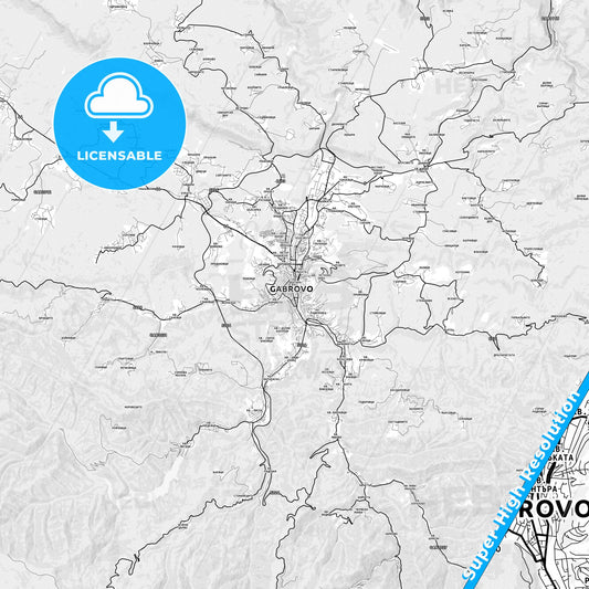 Gabrovo, Bulgaria light map with streetnames, citynames and districts