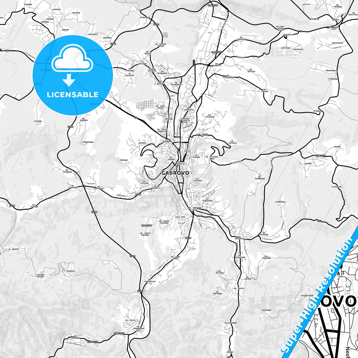 Gabrovo, Bulgaria Light Map with Street Names, City Names, and Districts
