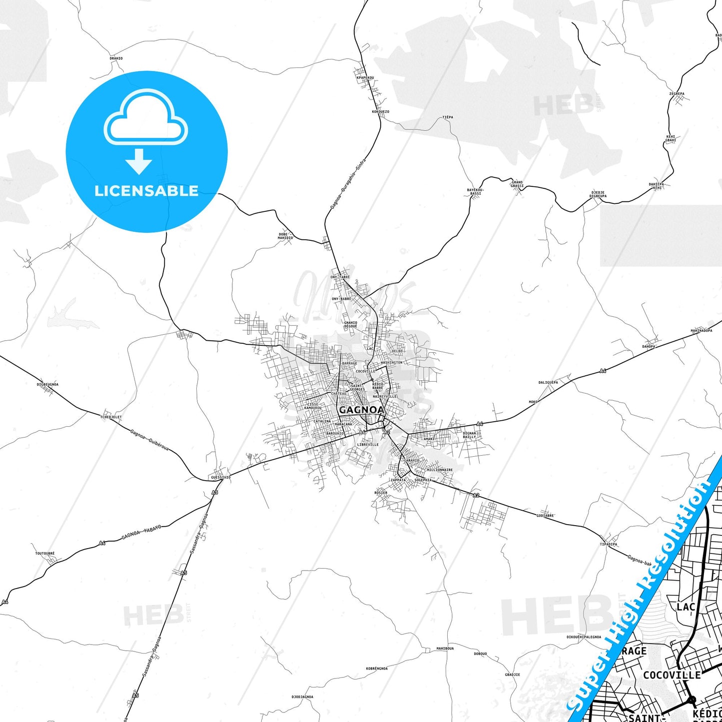 Gagnoa, Ivory Coast light map with streetnames, citynames and districts