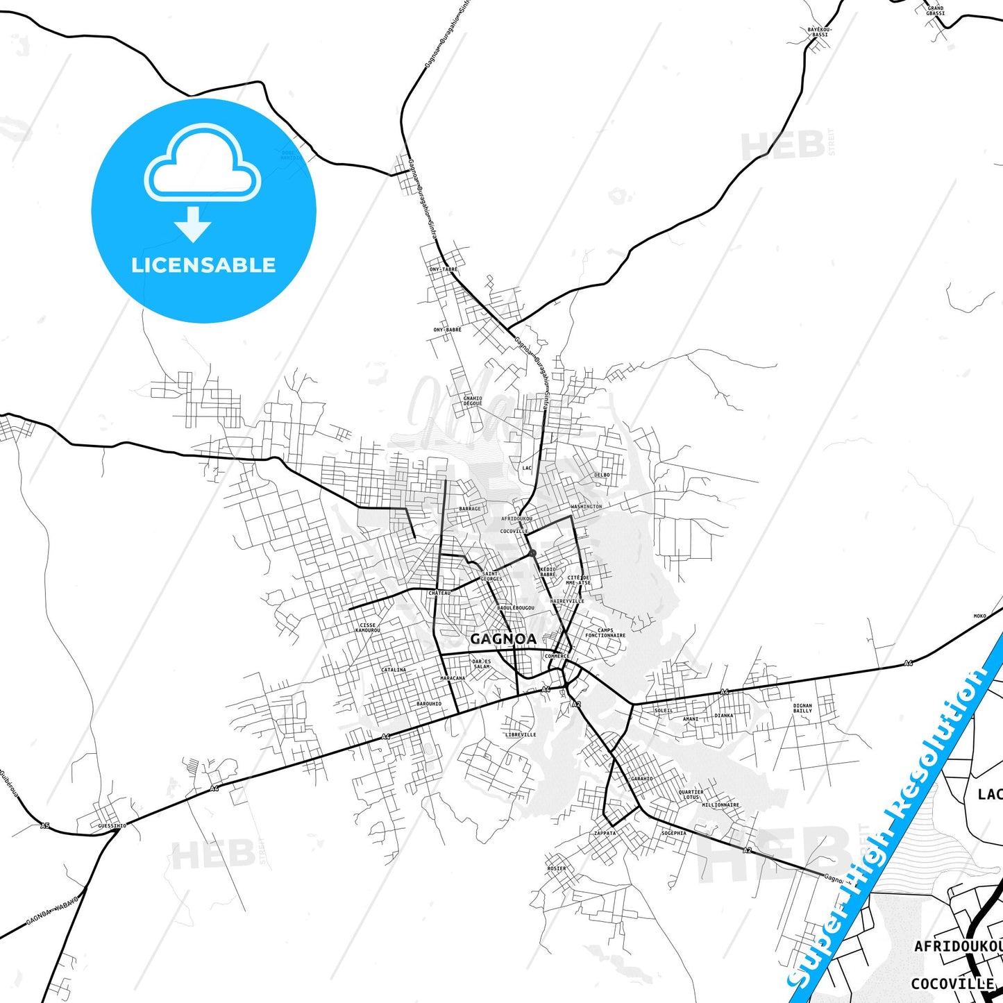 Gagnoa, Ivory Coast Light Map with Street Names, City Names, and Districts