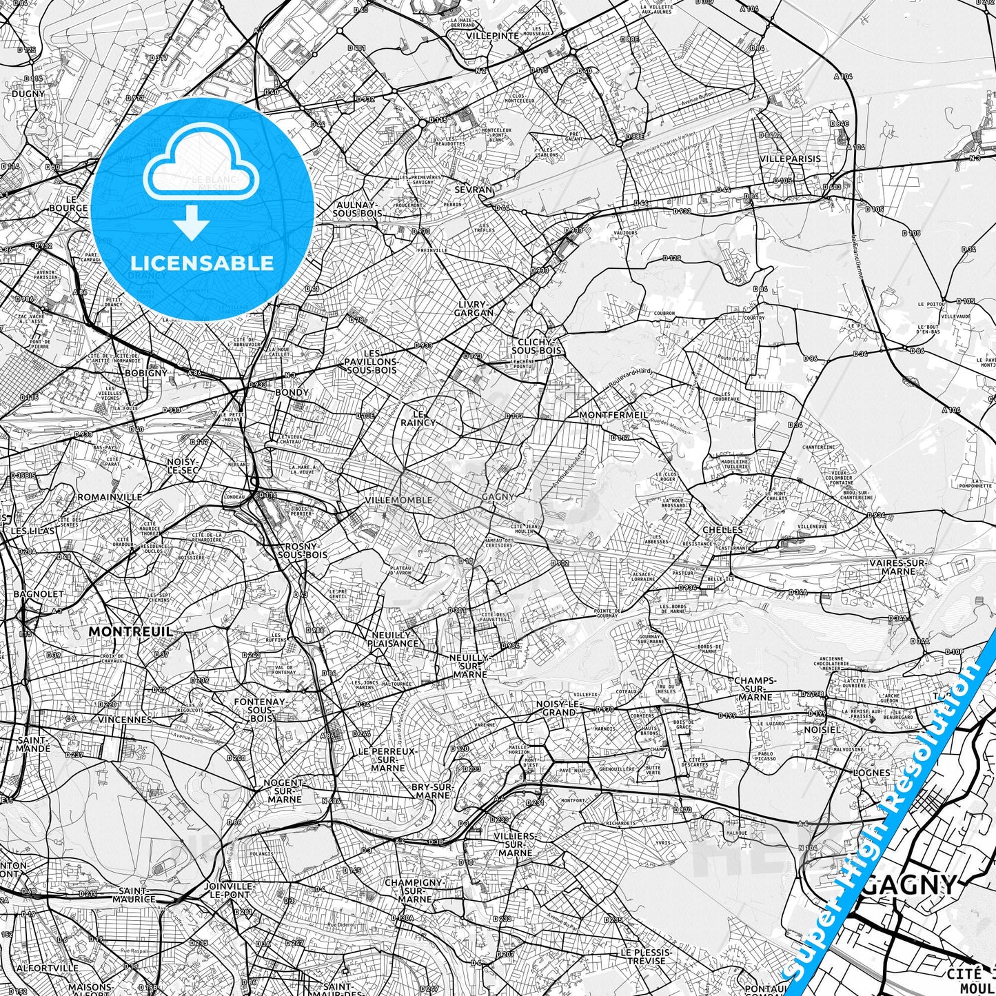 Gagny, France light map with streetnames, citynames and districts