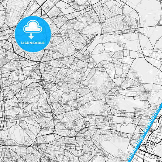 Gagny, France light map with streetnames, citynames and districts