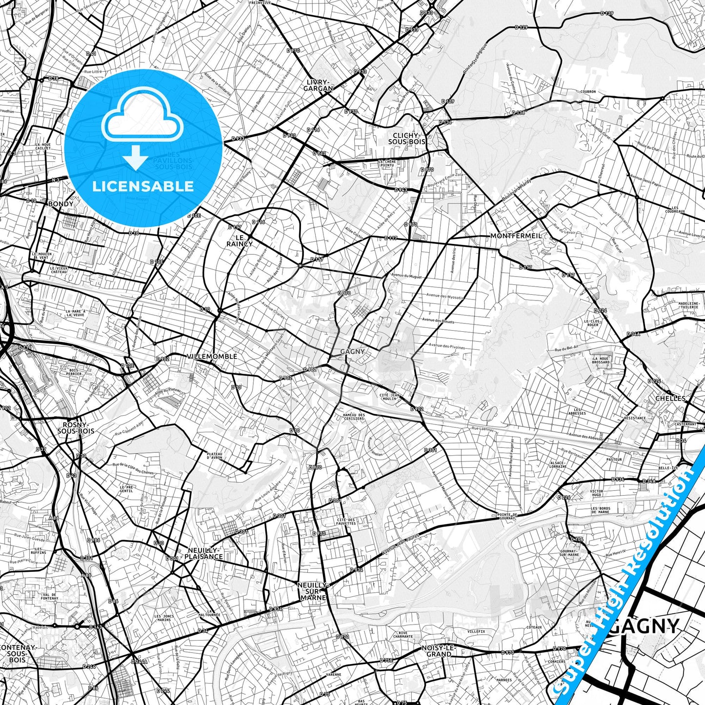 Gagny, France Light Map with Street Names, City Names, and Districts