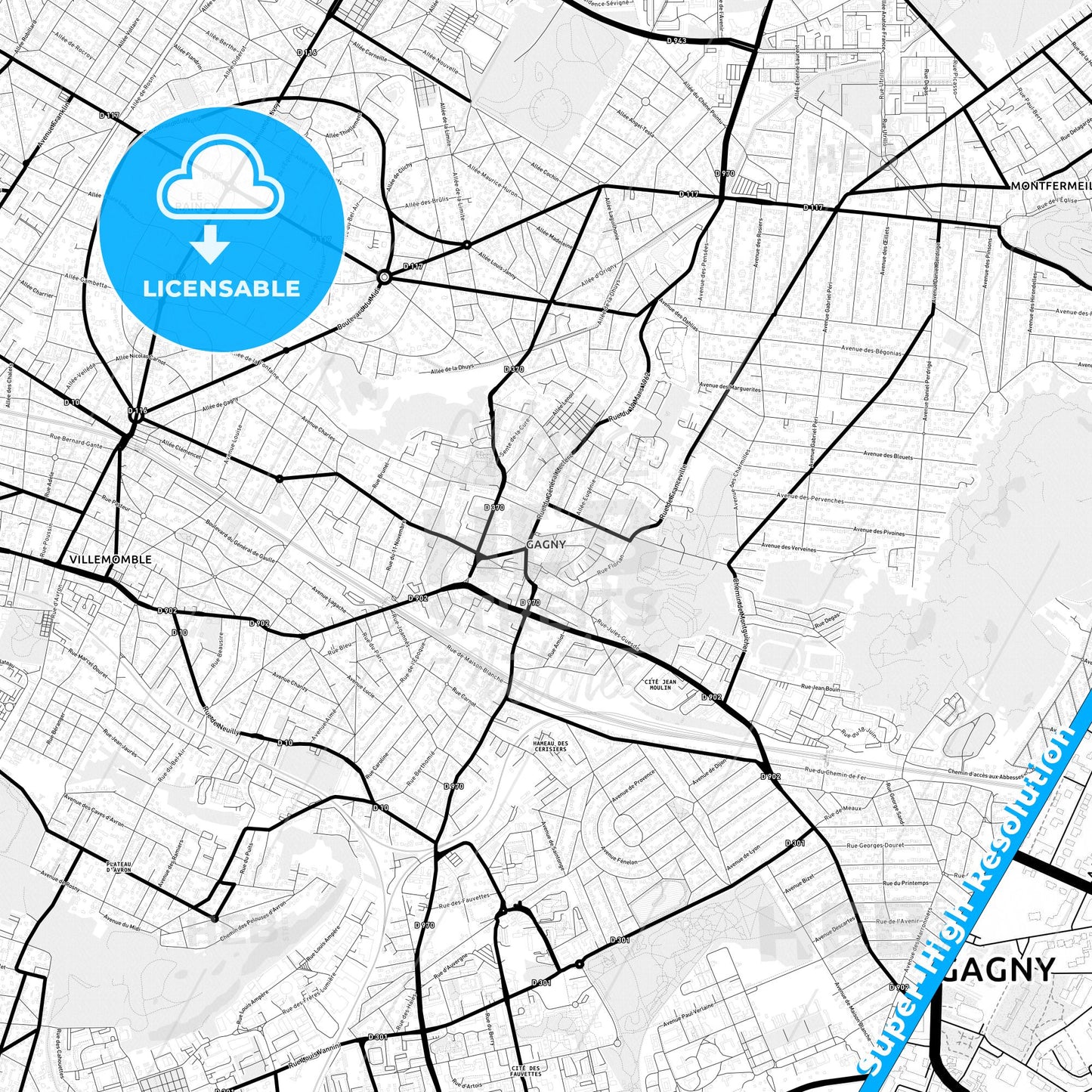 Gagny, France Light Map with Street Names, City Names, and Districts