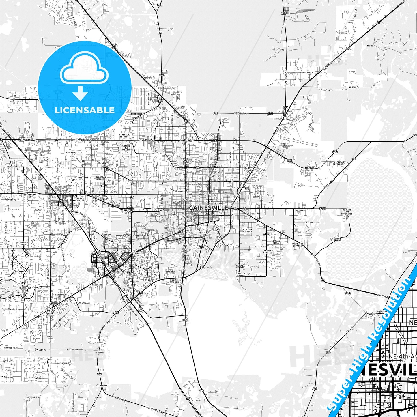 Gainesville, Florida light map with streetnames, citynames and districts