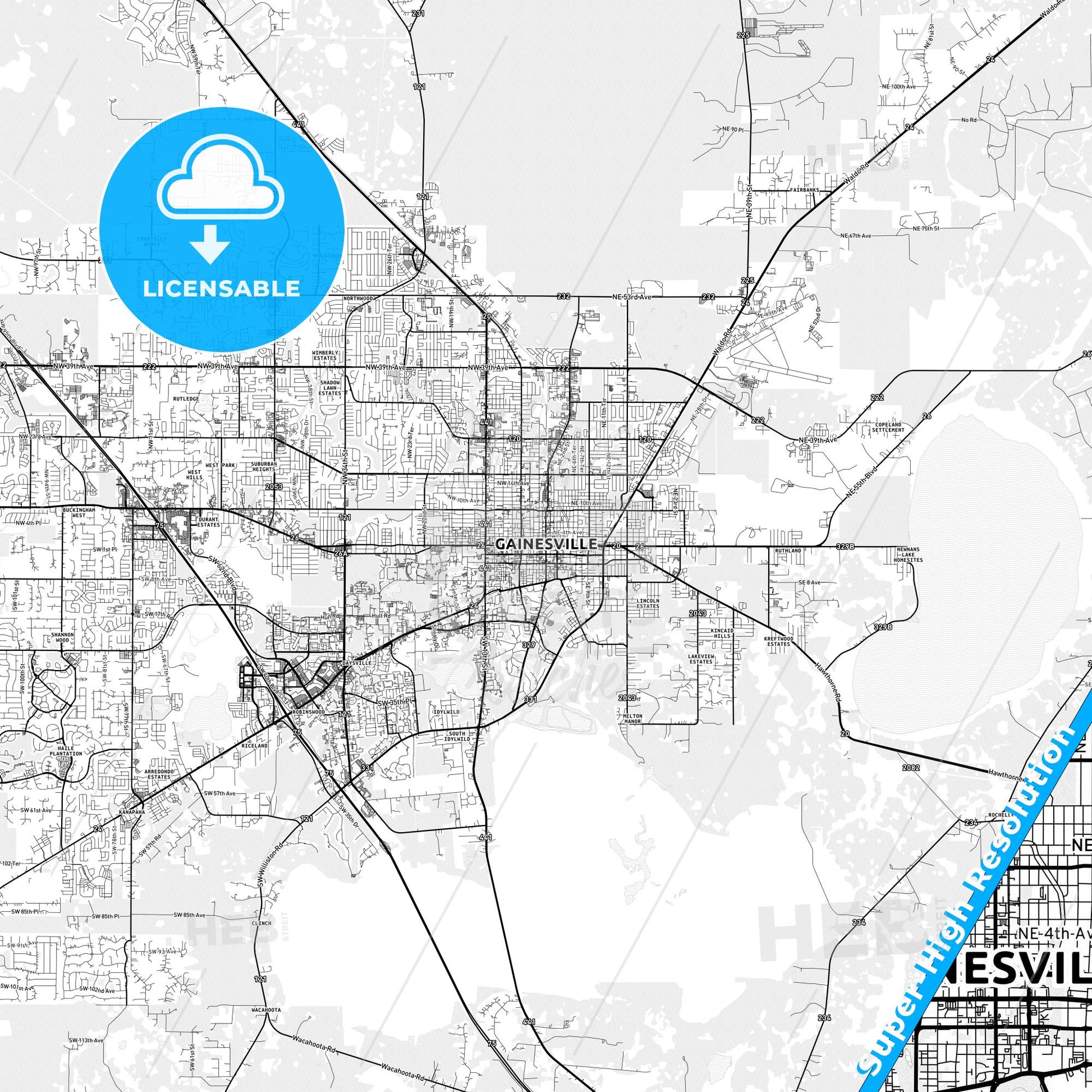Gainesville, Florida light map with streetnames, citynames and districts