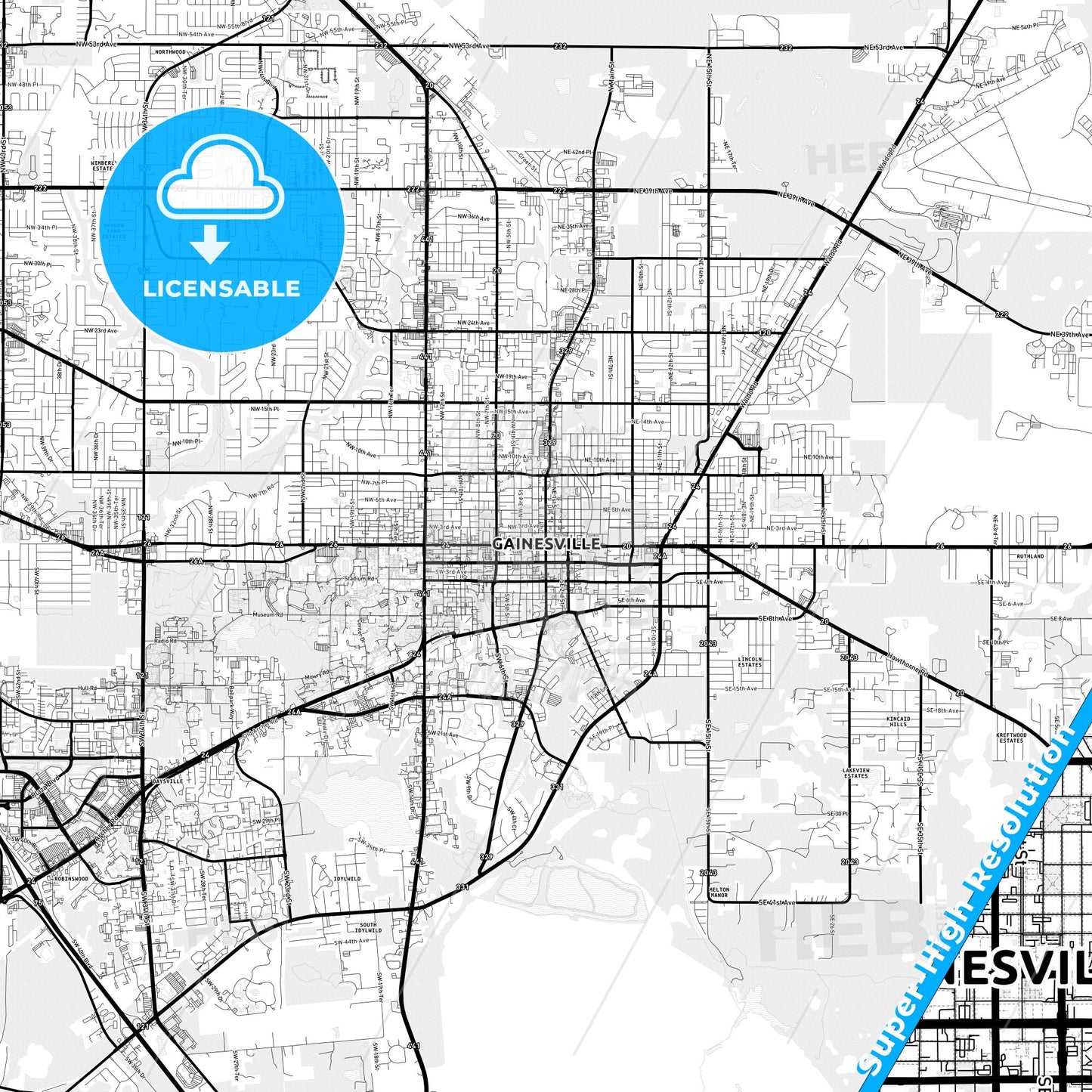 Gainesville, Florida Light Map with Street Names, City Names, and Districts