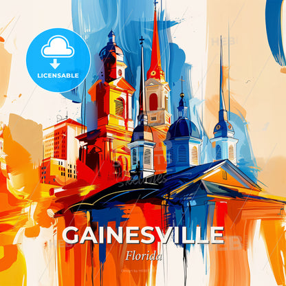 Vibrant Gainesville, Florida - A Painting Of A Building With Towers And Spires - Square format print template