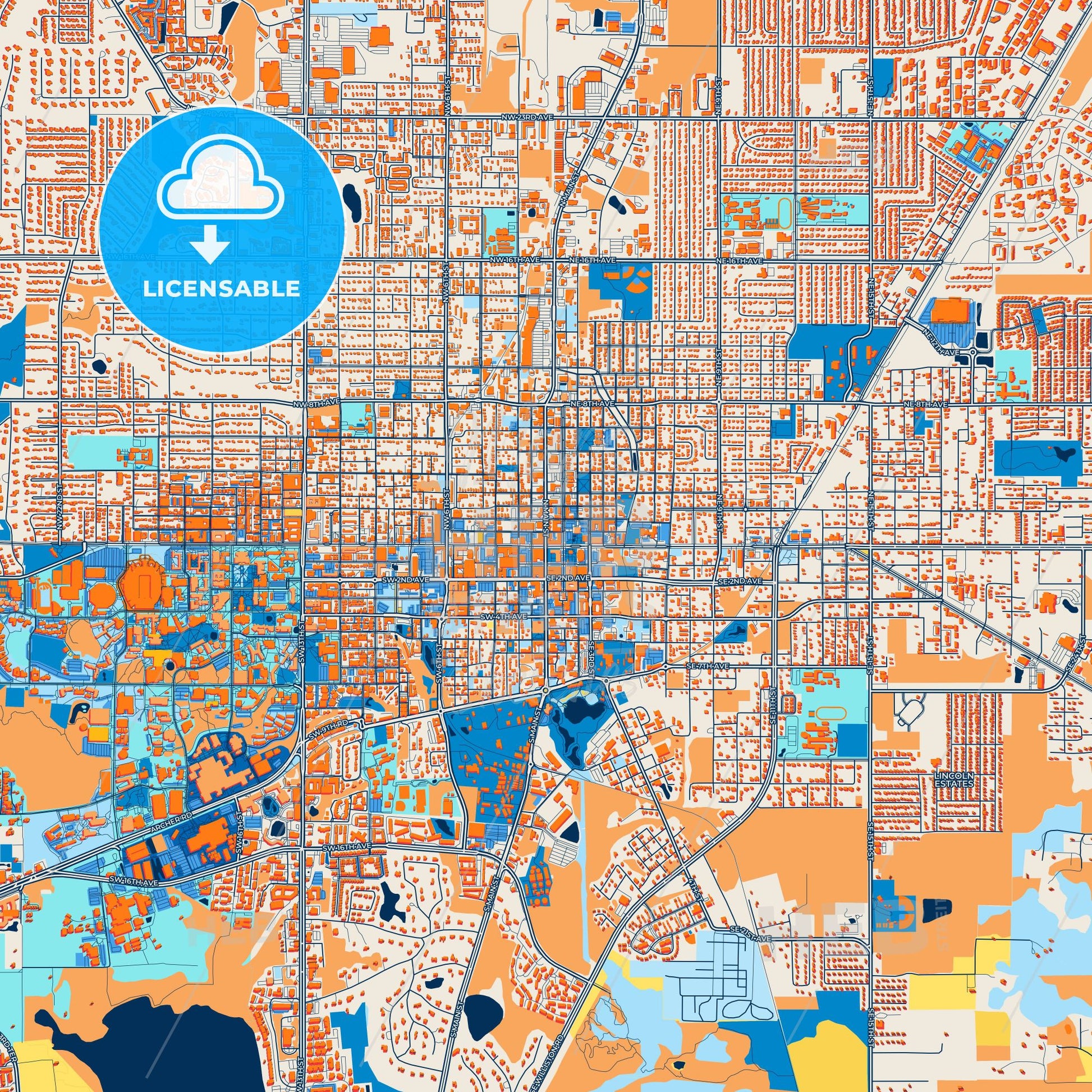 Colorful Gainesville Street Map with Labels and Buildings