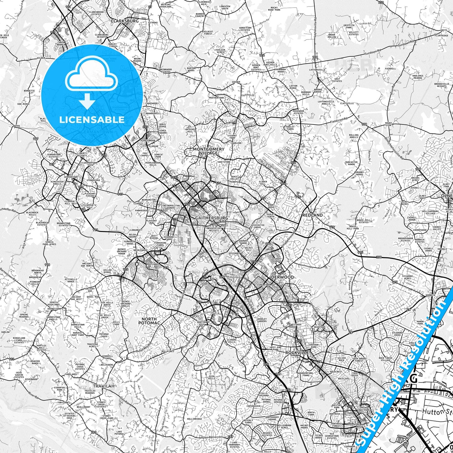 Gaithersburg, Maryland light map with streetnames, citynames and districts