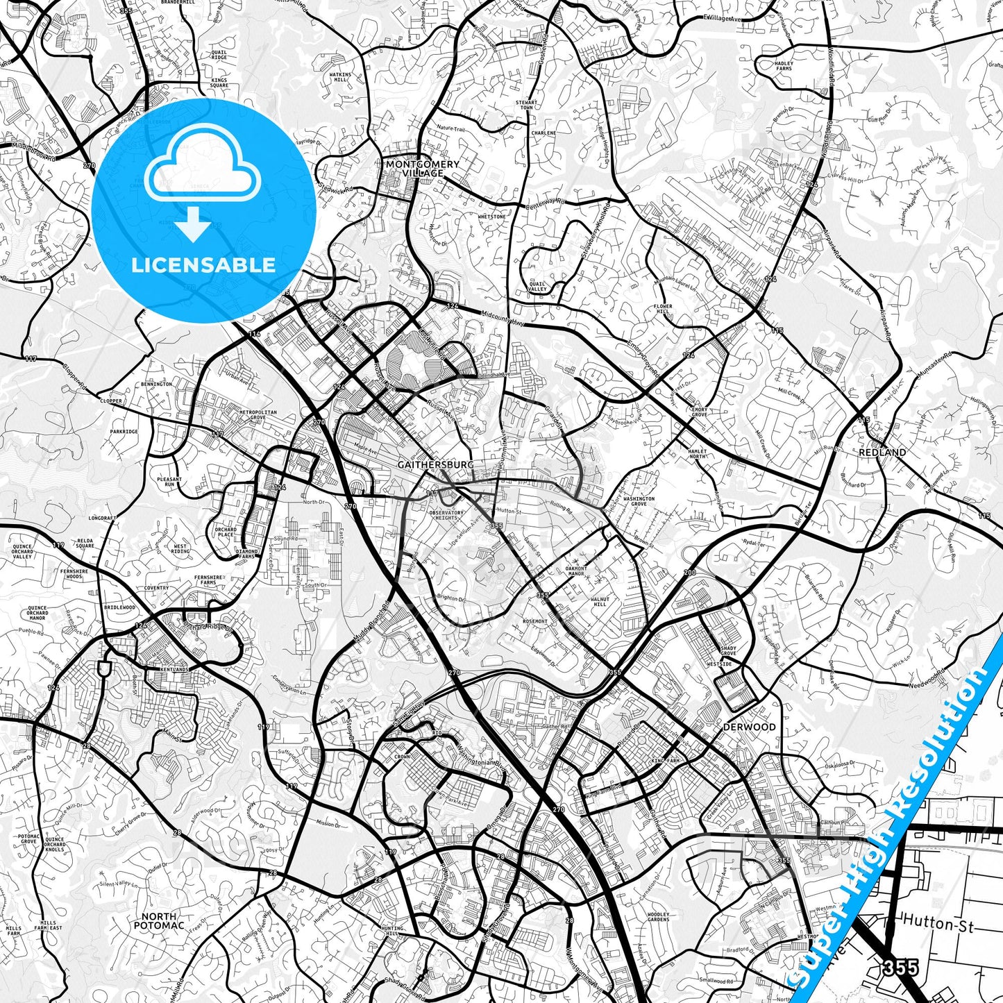 Gaithersburg, Maryland Light Map with Street Names, City Names, and Districts