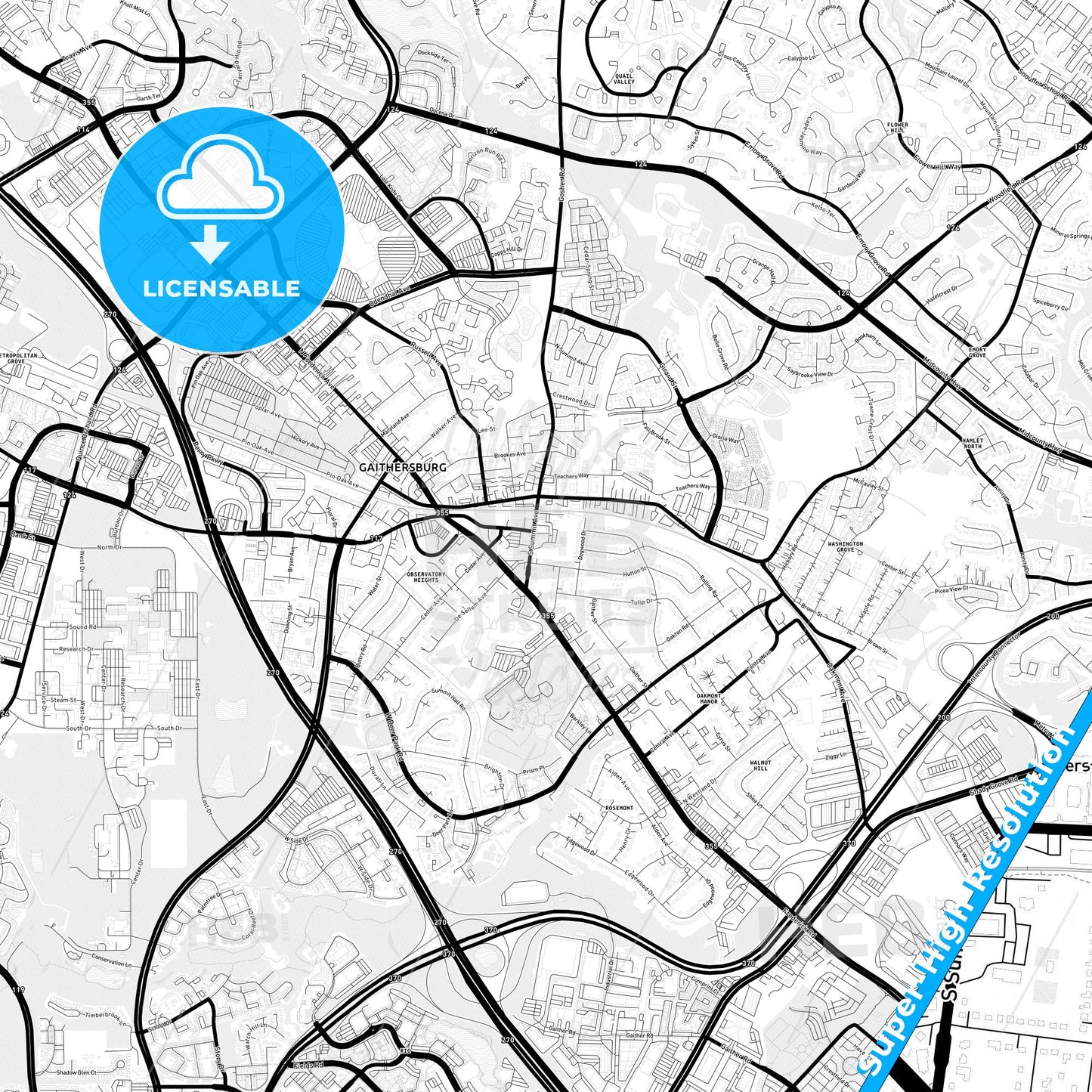 Gaithersburg, Maryland Light Map with Street Names, City Names, and Districts