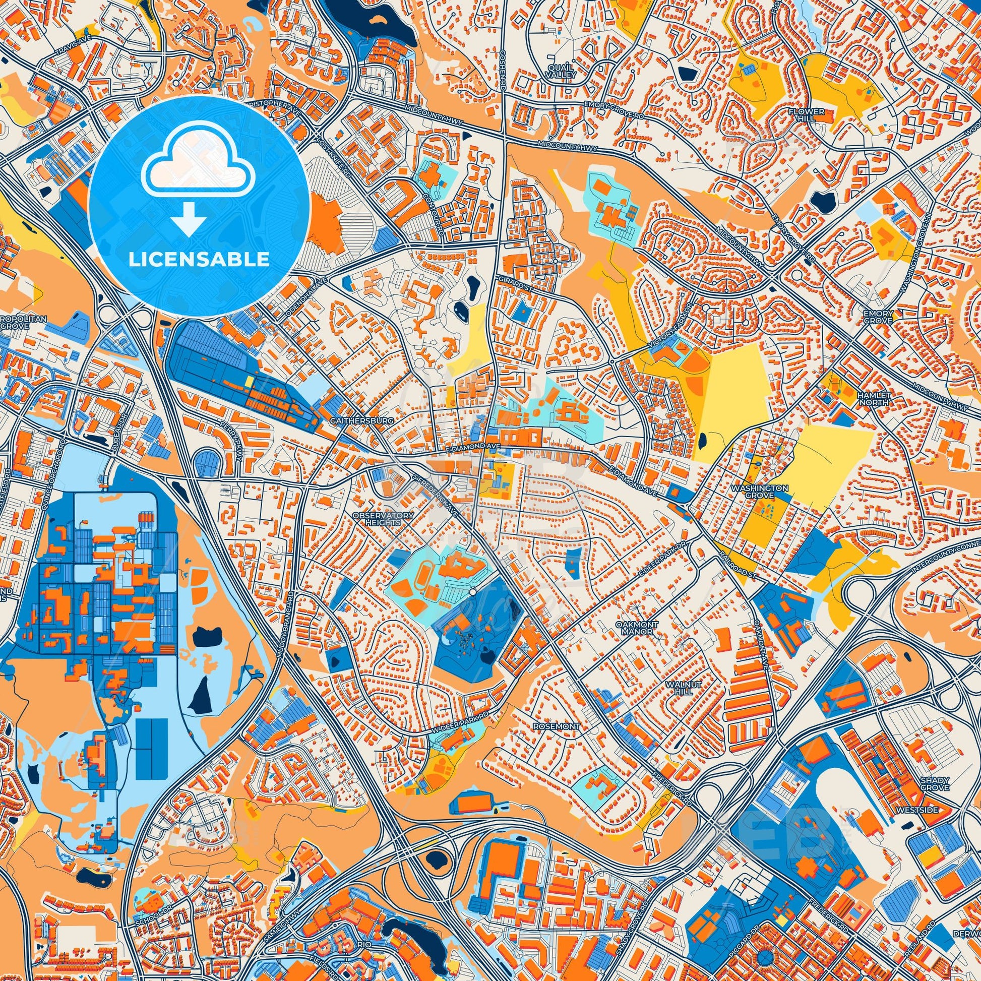 Colorful Gaithersburg Street Map with Labels and Buildings