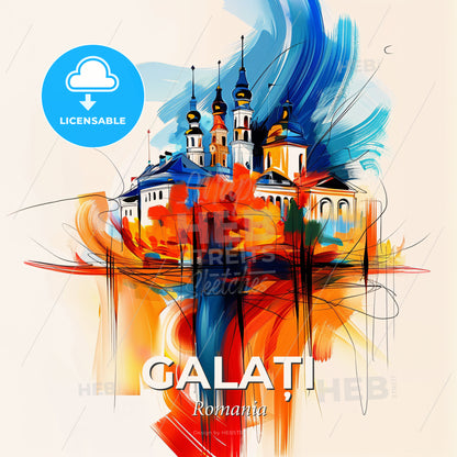 Vibrant Galați, Romania - A Painting Of A Building With Towers And A Colorful Background - Square format print template