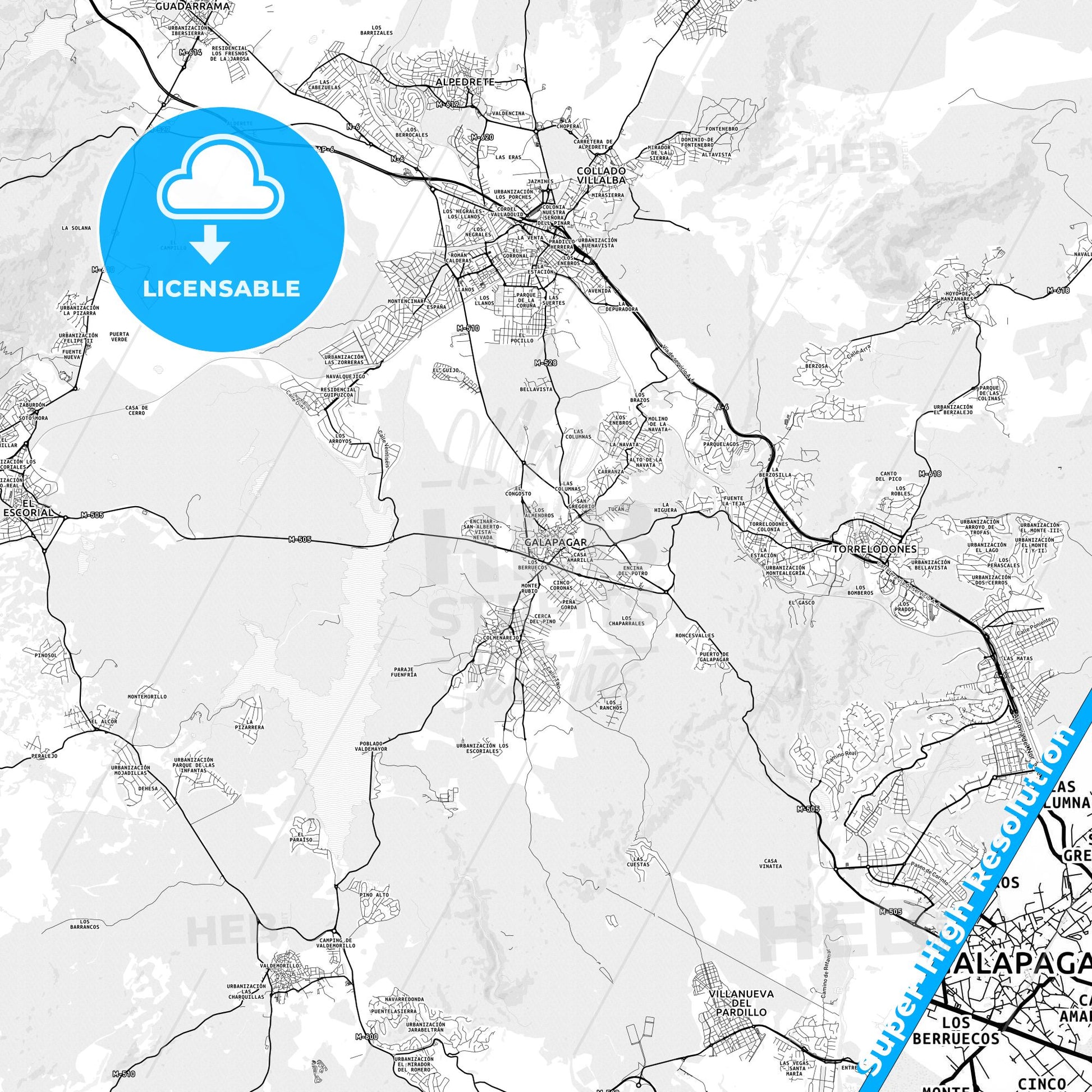 Galapagar, Spain light map with streetnames, citynames and districts