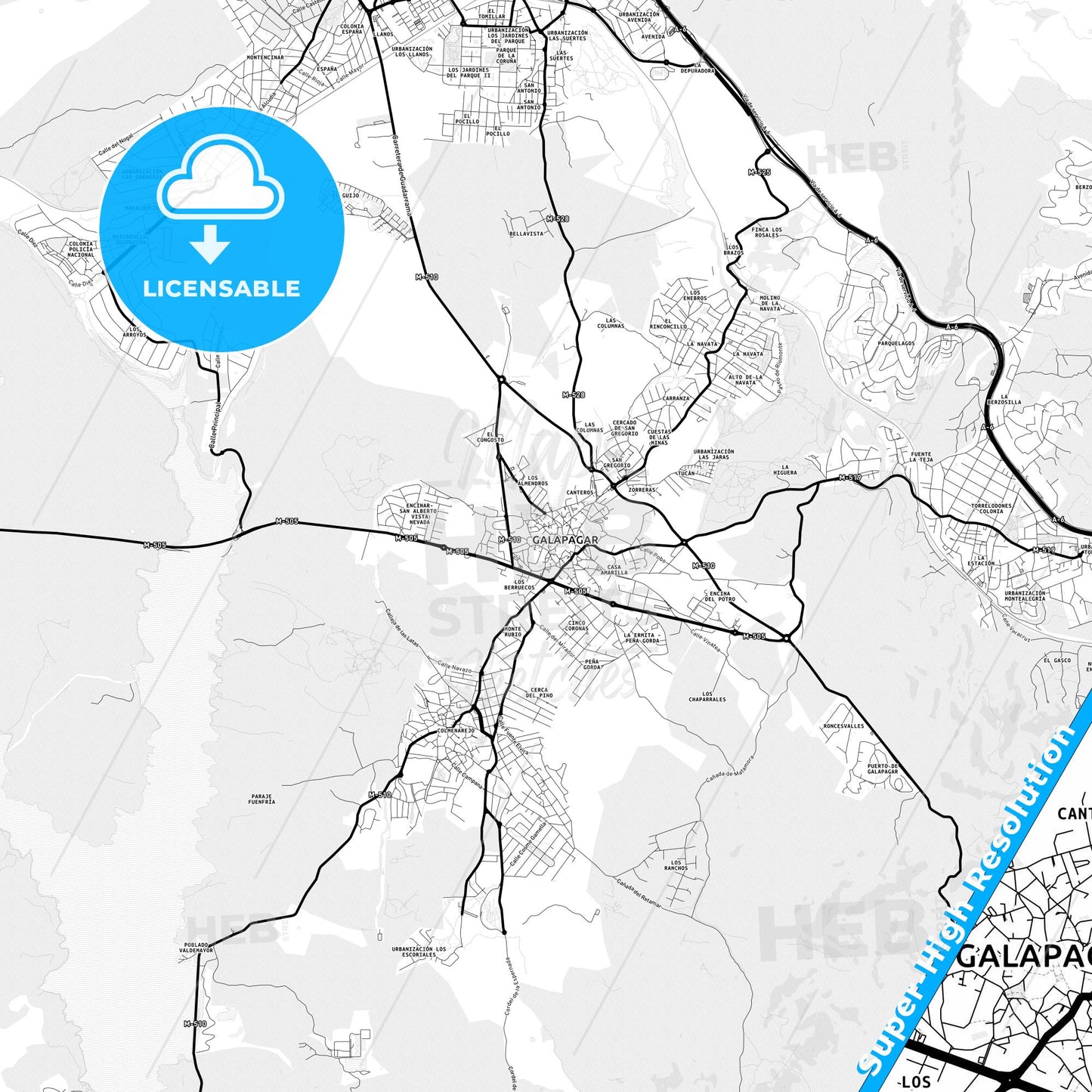 Galapagar, Spain Light Map with Street Names, City Names, and Districts