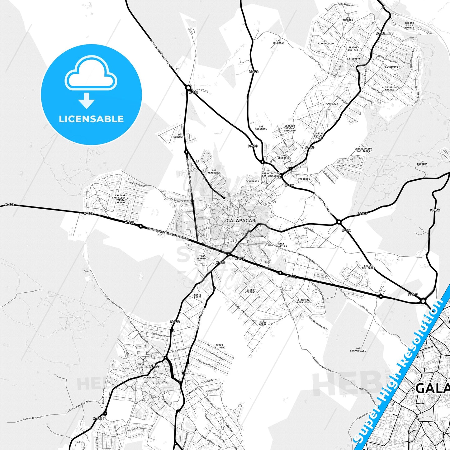 Galapagar, Spain Light Map with Street Names, City Names, and Districts