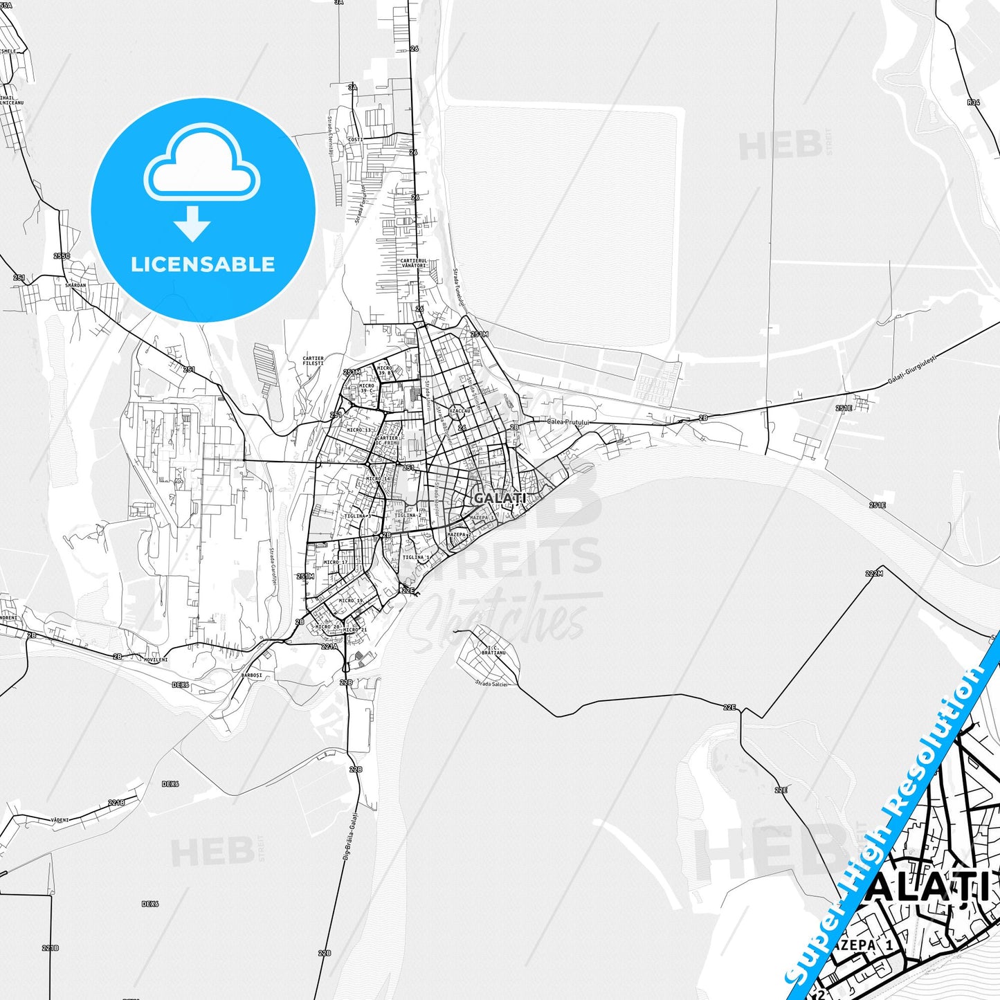 Galați, Romania light map with streetnames, citynames and districts