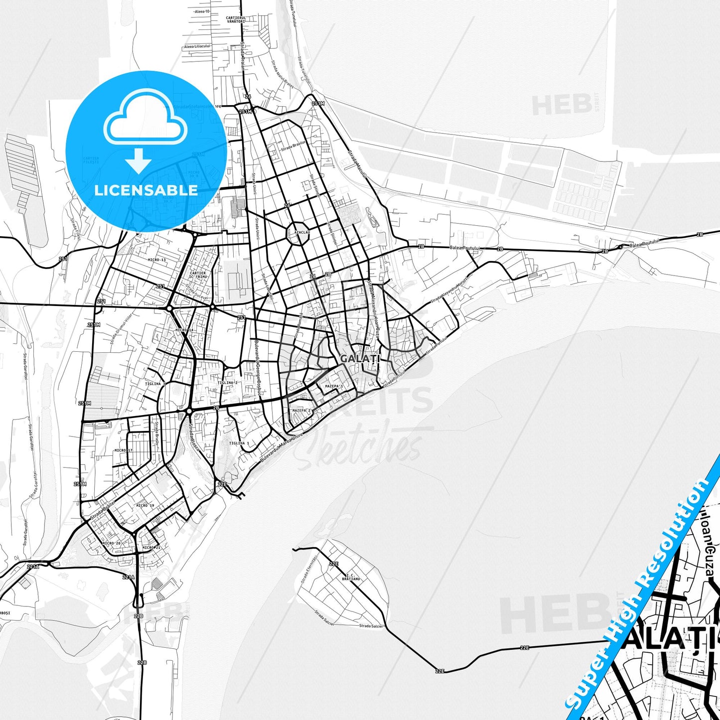 Galați, Romania Light Map with Street Names, City Names, and Districts