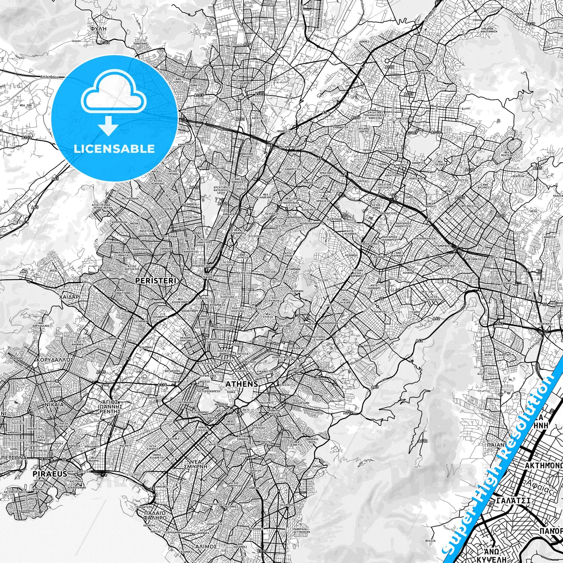 Galatsi, Greece light map with streetnames, citynames and districts