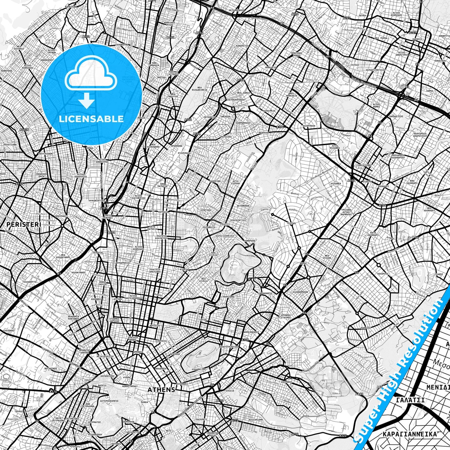Galatsi, Greece Light Map with Street Names, City Names, and Districts