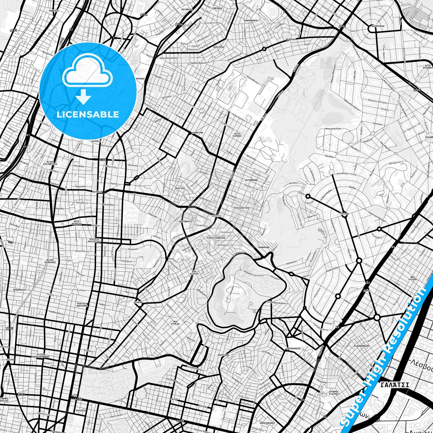 Galatsi, Greece Light Map with Street Names, City Names, and Districts