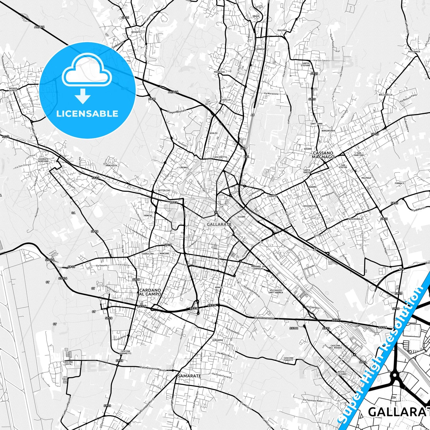 Gallarate, Italy Light Map with Street Names, City Names, and Districts