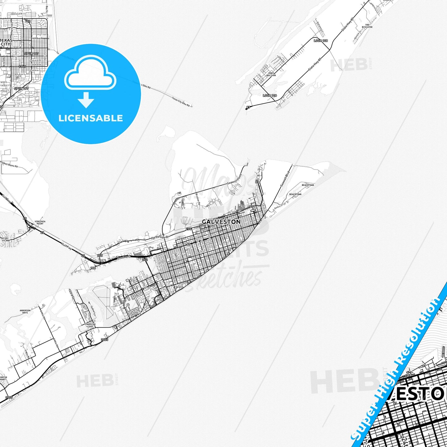 Galveston, Texas light map with streetnames, citynames and districts